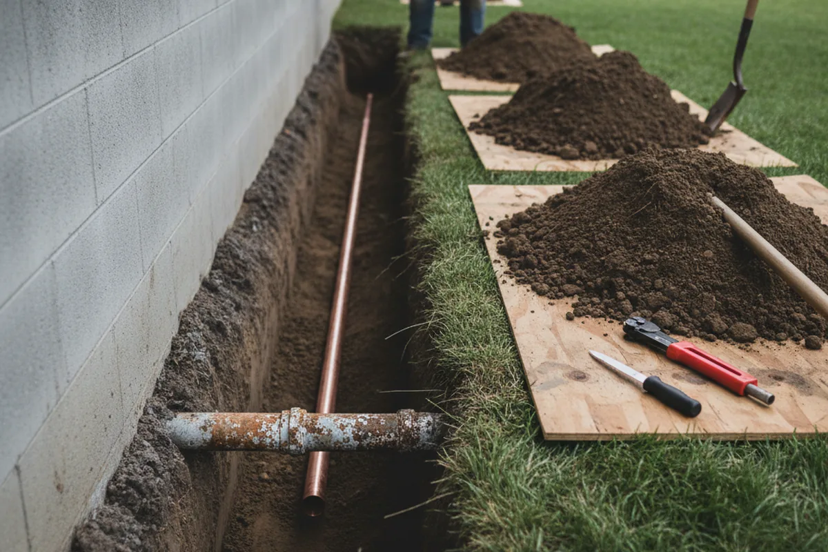 Excavated water line trench during Water Heater Repair in Collegeville